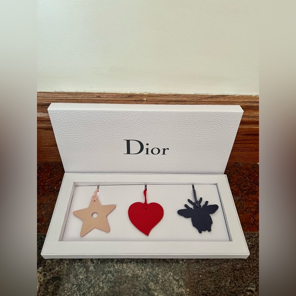 Dior luggage tags/bag charms Set of 3- Light Pink Star, Red Heart, Navy Blue Bee
